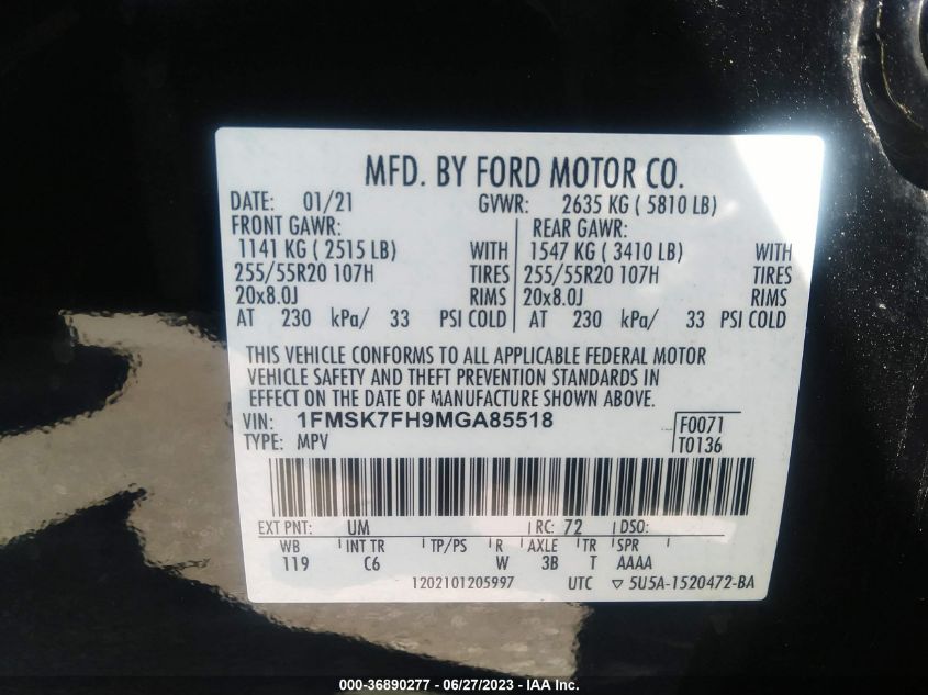 2021 FORD EXPLORER LIMITED - 1FMSK7FH9MGA85518