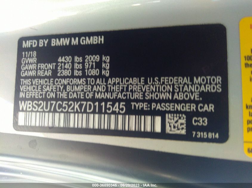 2019 BMW M2 COMPETITION WBS2U7C52K7D11545
