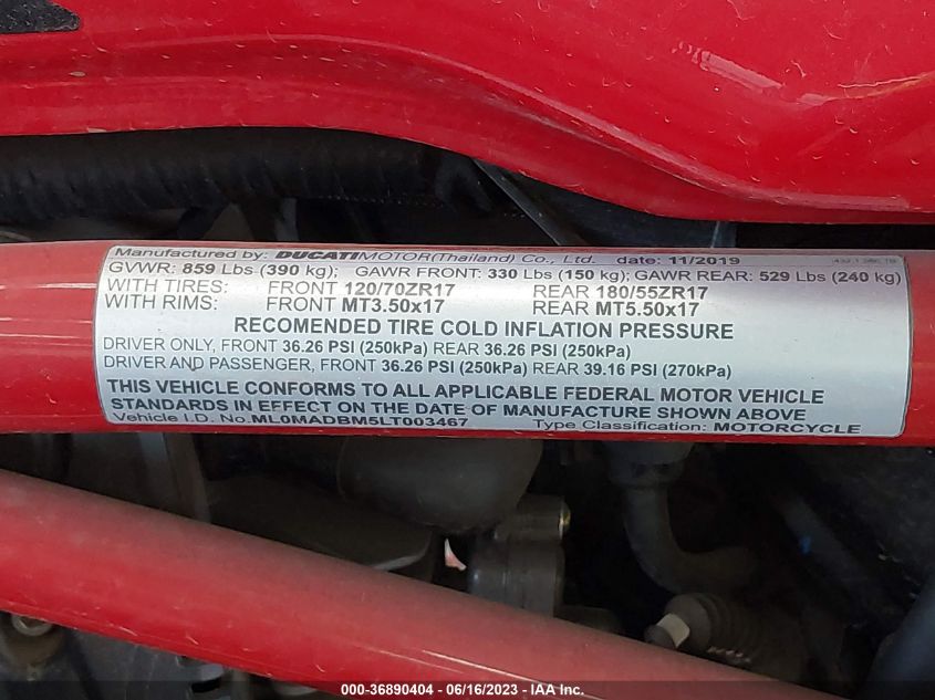 2020 DUCATI MONSTER 797+ ML0MADBM5LT003467