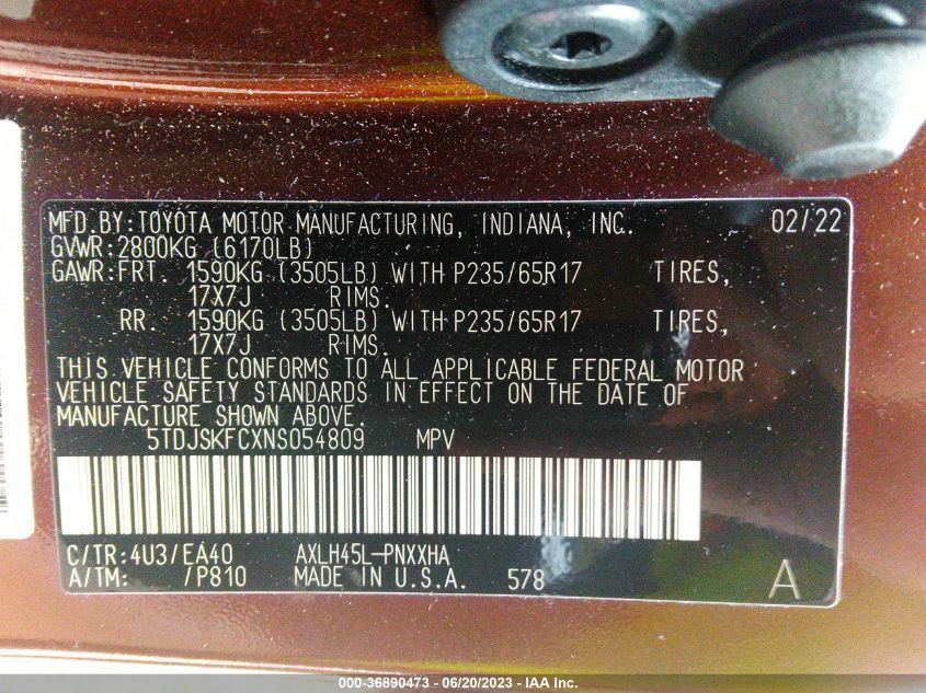 2022 TOYOTA SIENNA XLE - 5TDJSKFCXNS054809
