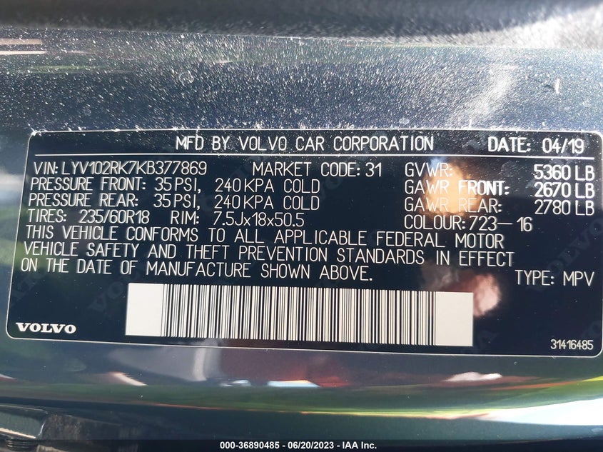 VIN LYV102RK7KB377869 2019 VOLVO XC60 MOMENTUM