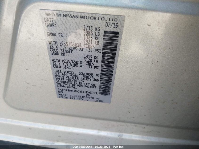 2017 NISSAN PATHFINDER S/SV/SL/PLATINUM - 5N1DR2MM1HC600631