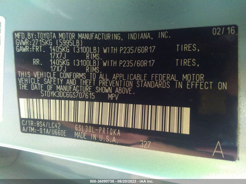 2016 TOYOTA SIENNA XLE/XLE AAS/LTD - 5TDYK3DC6GS707615