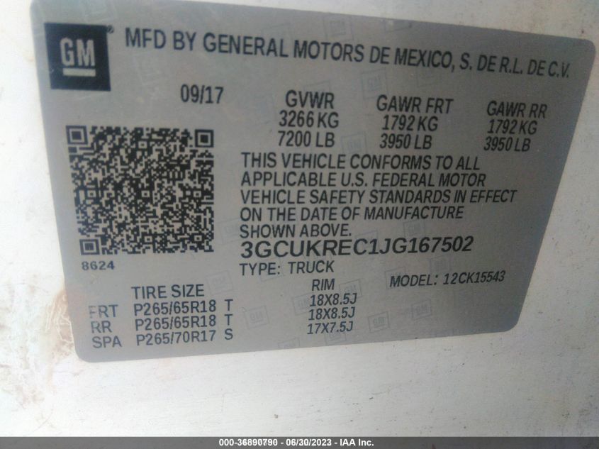 2018 CHEVROLET SILVERADO 1500 - 3GCUKREC1JG167502