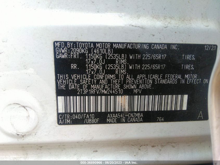 2021 TOYOTA RAV4 XLE - 2T3P1RFV7MW244510
