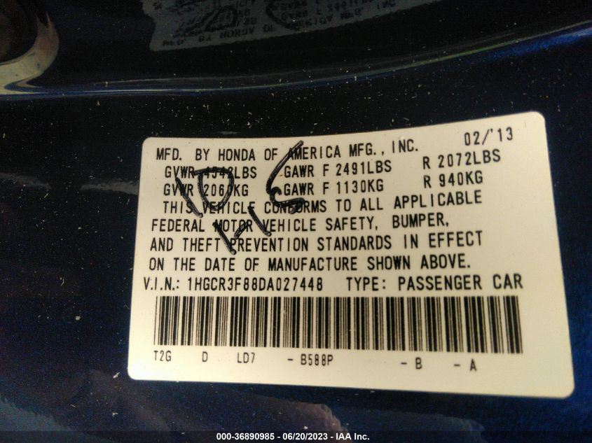 2013 HONDA ACCORD EX-L V-6 - 1HGCR3F88DA027448
