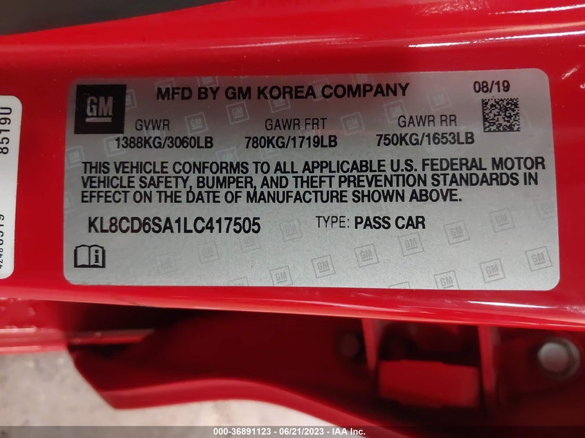 VIN KL8CD6SA1LC417505 2020 CHEVROLET SPARK LT
