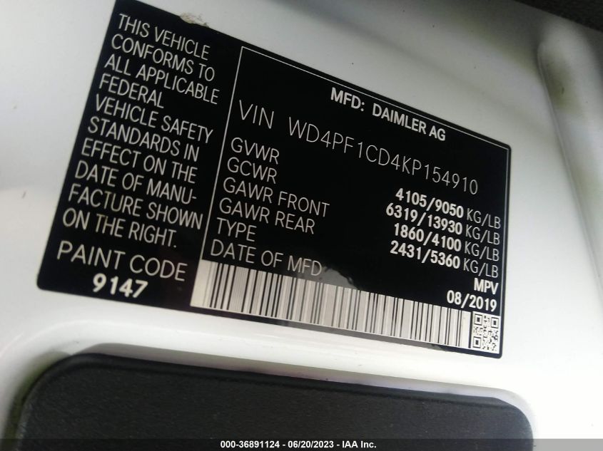 2019 MERCEDES-BENZ SPRINTER VAN WD4PF1CD4KP154910