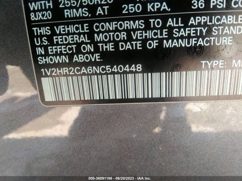 2022 VOLKSWAGEN ATLAS 3.6L V6 SE W/TECHNOLOGY - 1V2HR2CA6NC540448