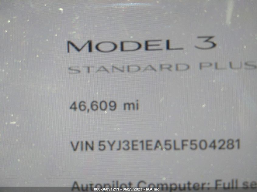 2020 TESLA MODEL 3 STANDARD RANGE - 5YJ3E1EA5LF504281