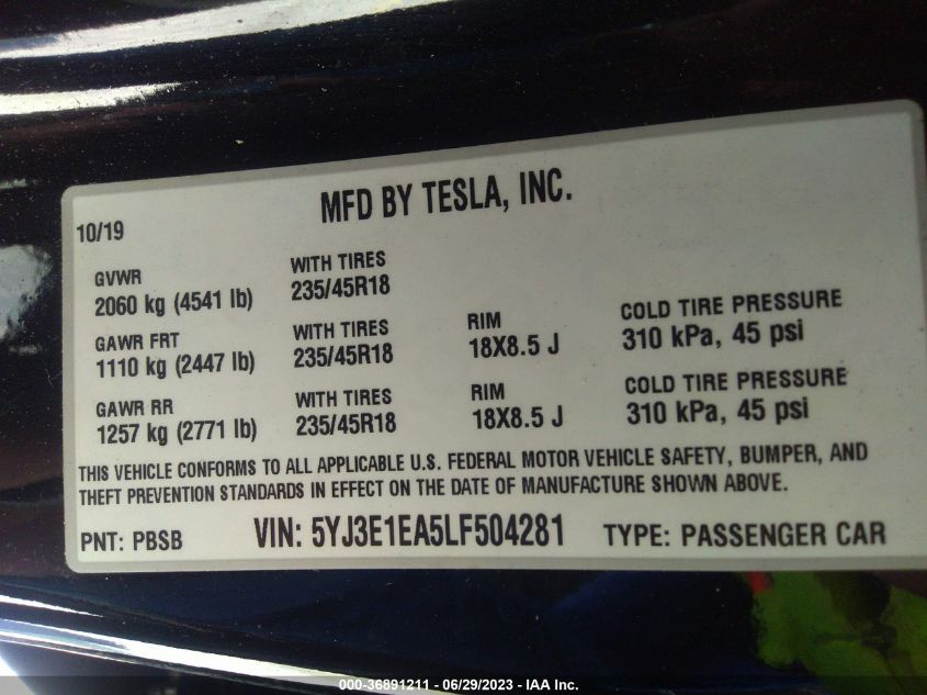 2020 TESLA MODEL 3 STANDARD RANGE - 5YJ3E1EA5LF504281