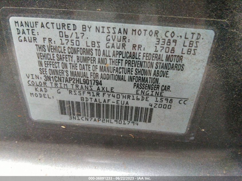 2017 NISSAN VERSA SEDAN S - 3N1CN7AP2HL901794