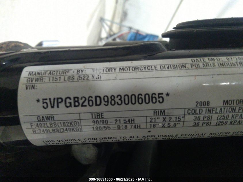 2008 VICTORY MOTORCYCLES VEGAS - 5VPGB26D983006065