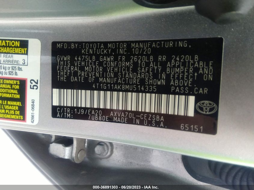 2021 TOYOTA CAMRY SE - 4T1G11AK8MU514335