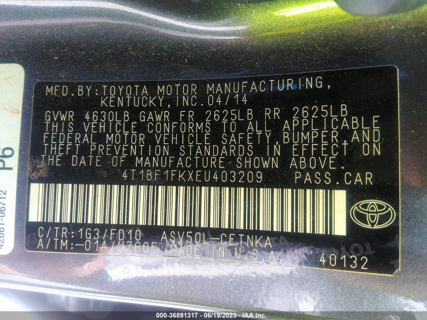 2014 TOYOTA CAMRY L/LE/XLE/SE/SE SPORT - 4T1BF1FKXEU403209