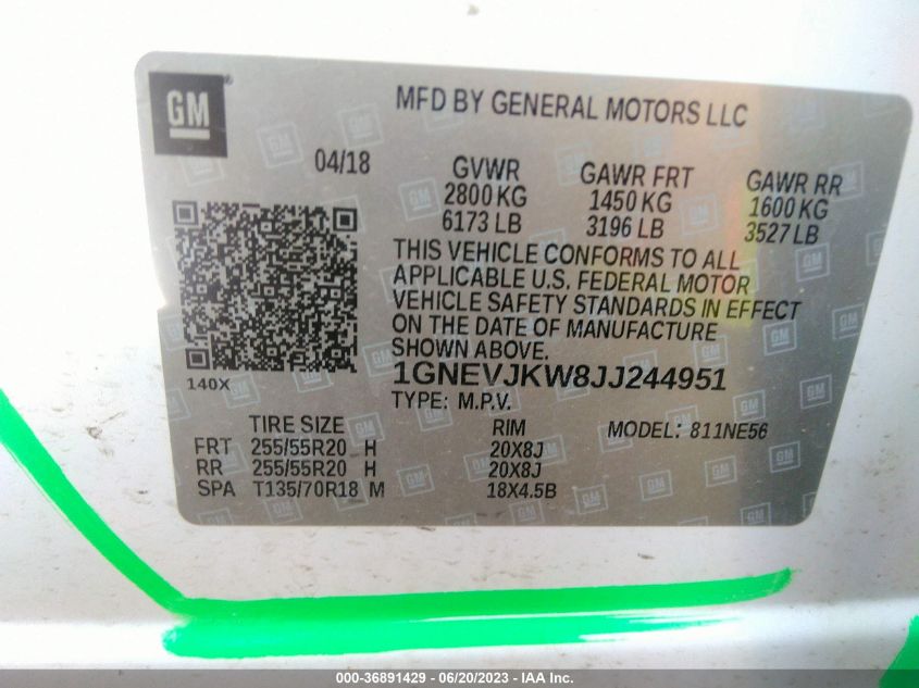 2018 CHEVROLET TRAVERSE PREMIER - 1GNEVJKW8JJ244951