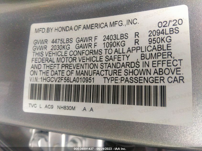 2020 HONDA ACCORD SEDAN EX-L - 1HGCV2F56LA010951