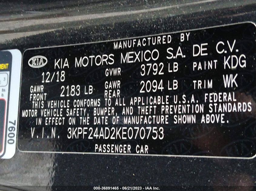 2019 KIA FORTE FE - 3KPF24AD2KE070753