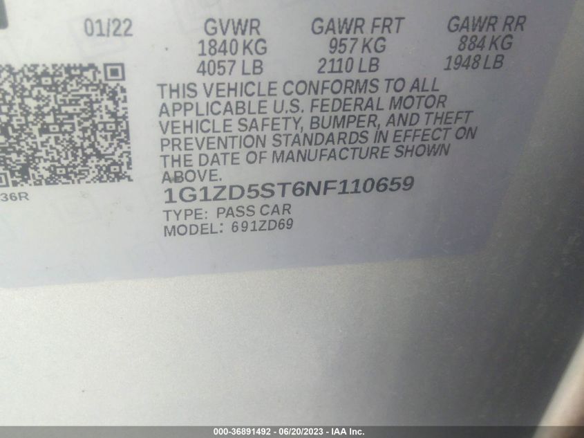 2022 CHEVROLET MALIBU LT - 1G1ZD5ST6NF110659