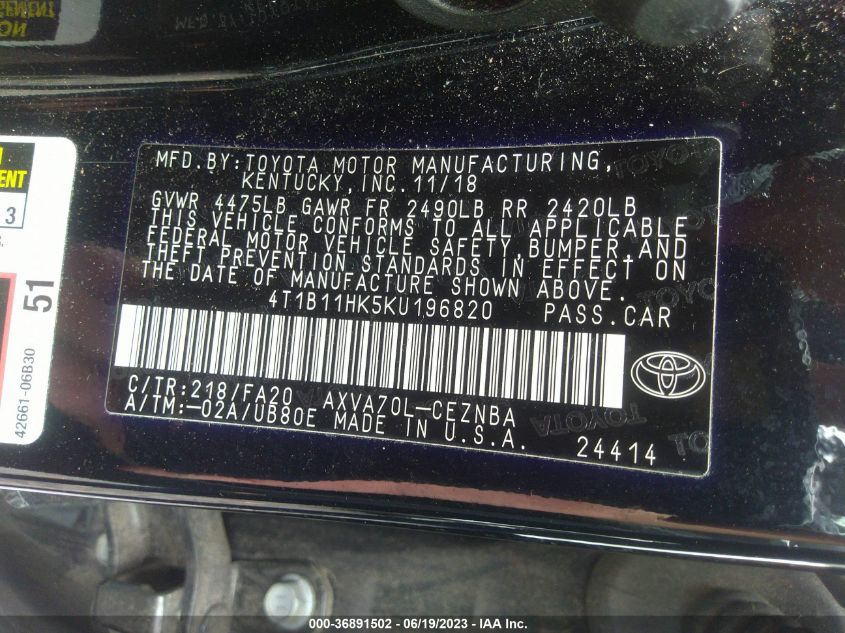 2019 TOYOTA CAMRY LE/SE/XLE/L - 4T1B11HK5KU196820