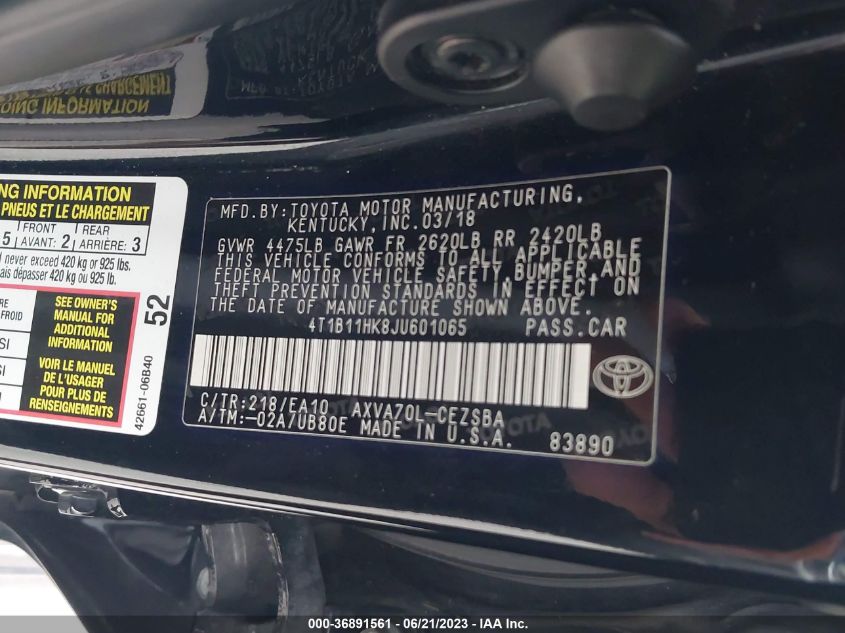 2018 TOYOTA CAMRY L/LE/XLE/SE/XSE - 4T1B11HK8JU601065