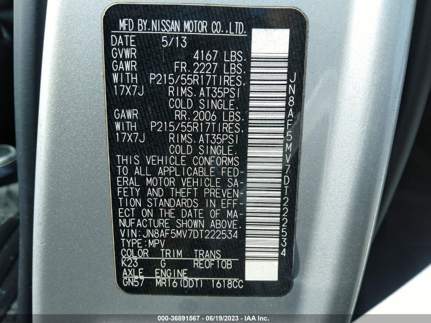 2013 NISSAN JUKE SL - JN8AF5MV7DT222534