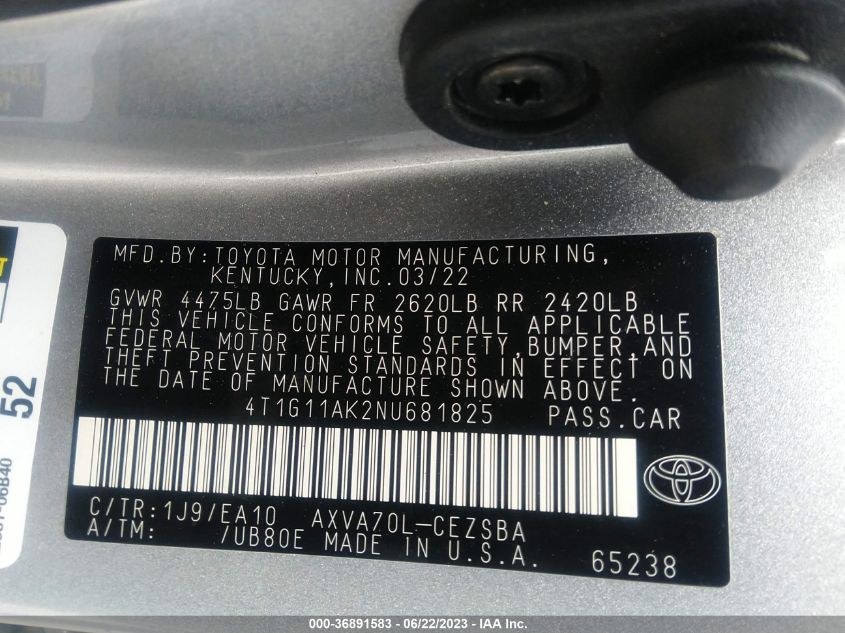 2022 TOYOTA CAMRY SE - 4T1G11AK2NU681825