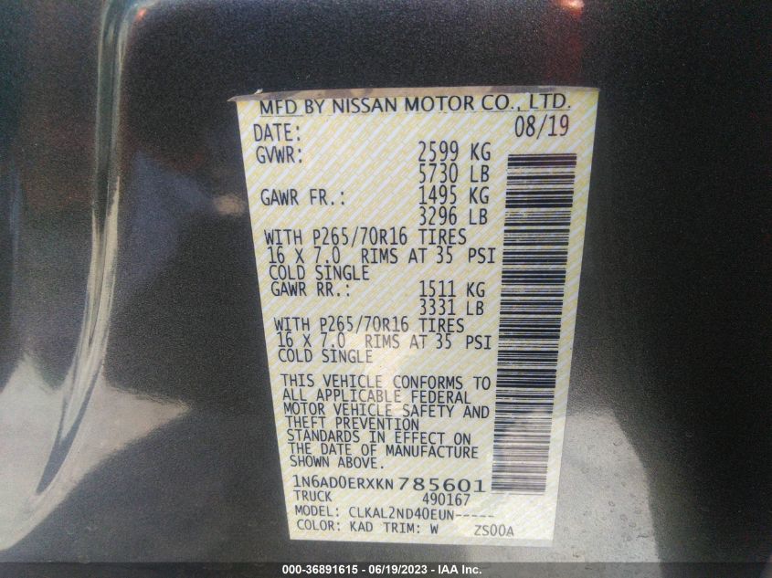 2019 NISSAN FRONTIER SV - 1N6AD0ERXKN785601