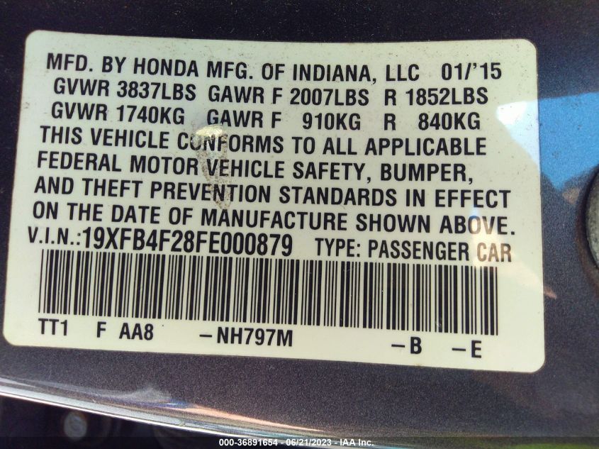 2015 HONDA CIVIC HYBRID 19XFB4F28FE000879