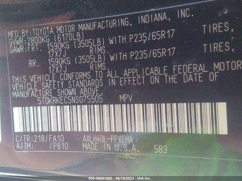 2022 TOYOTA SIENNA LE - 5TDKRKEC5NS075505
