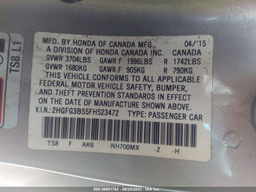 2015 HONDA CIVIC COUPE LX - 2HGFG3B55FH523472