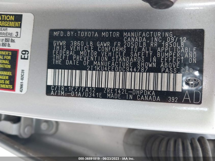 2013 TOYOTA MATRIX L 2T1KU4EE0DC944787
