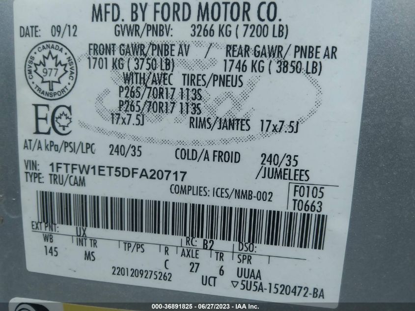 2013 FORD F-150 XL/XLT/FX4/LARIAT - 1FTFW1ET5DFA20717