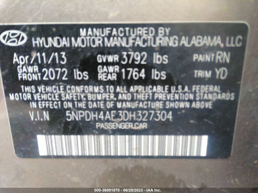 2013 HYUNDAI ELANTRA GLS PZEV - 5NPDH4AE3DH327304
