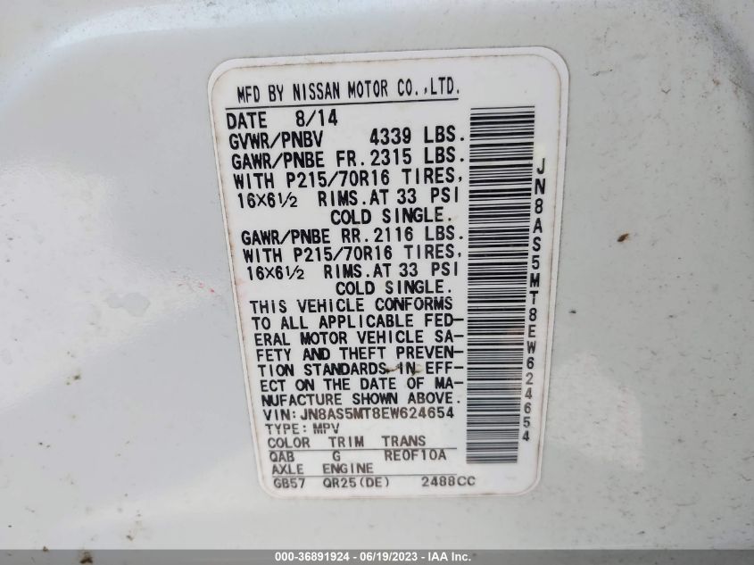 2014 NISSAN ROGUE SELECT S - JN8AS5MT8EW624654