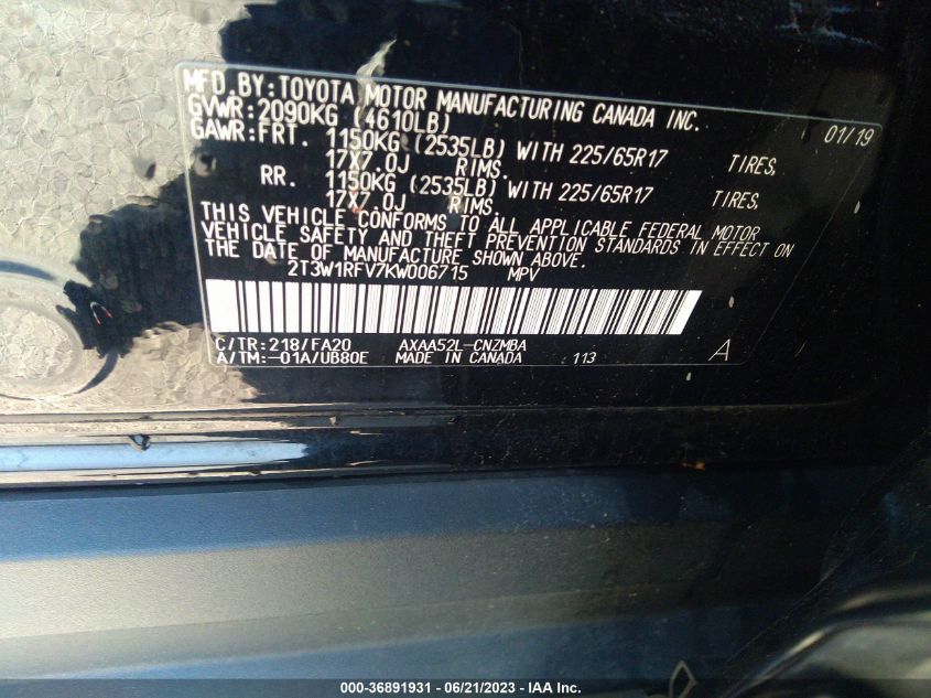 2019 TOYOTA RAV4 XLE - 2T3W1RFV7KW006715