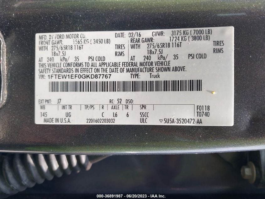 2016 FORD F-150 XLT/XL/LARIAT/PLATINUM - 1FTEW1EF0GKD87767