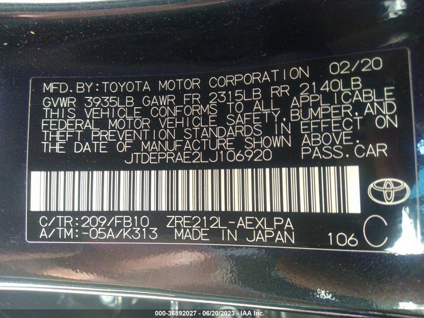 VIN JTDEPRAE2LJ106920 2020 TOYOTA COROLLA LE