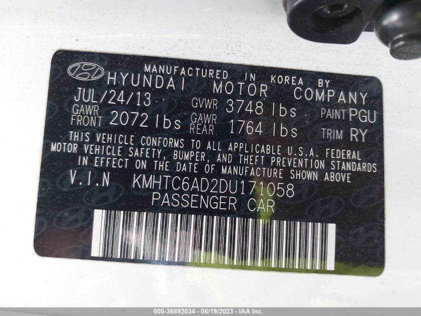 2013 HYUNDAI VELOSTER W/BLACK INT - KMHTC6AD2DU171058