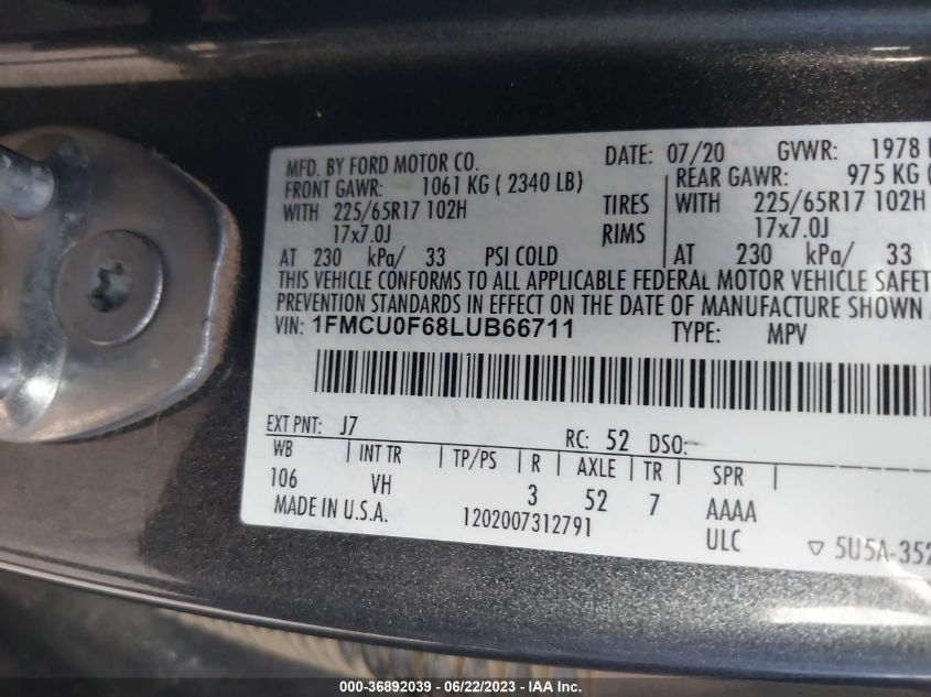 2020 FORD ESCAPE S - 1FMCU0F68LUB66711