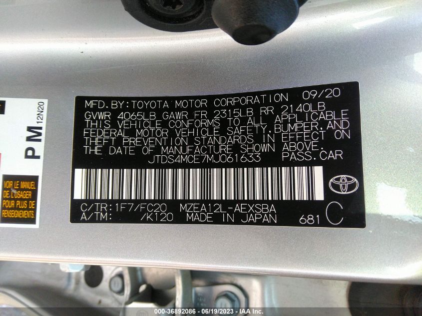 2021 TOYOTA COROLLA SE/NIGHTSHADE/APEX SE - JTDS4MCE7MJ061633