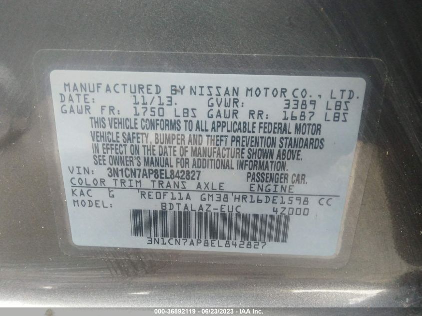 2014 NISSAN VERSA S PLUS - 3N1CN7AP8EL842827