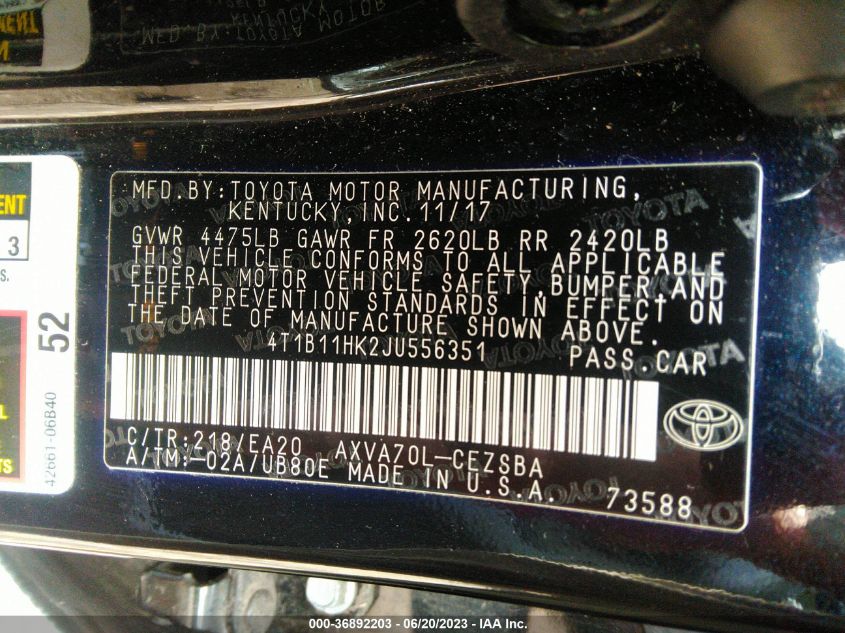 2018 TOYOTA CAMRY LE/SE/XLE/L - 4T1B11HK2JU556351