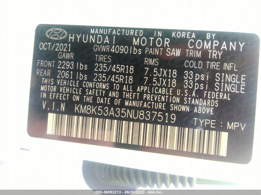 2022 HYUNDAI KONA LIMITED - KM8K53A35NU837519