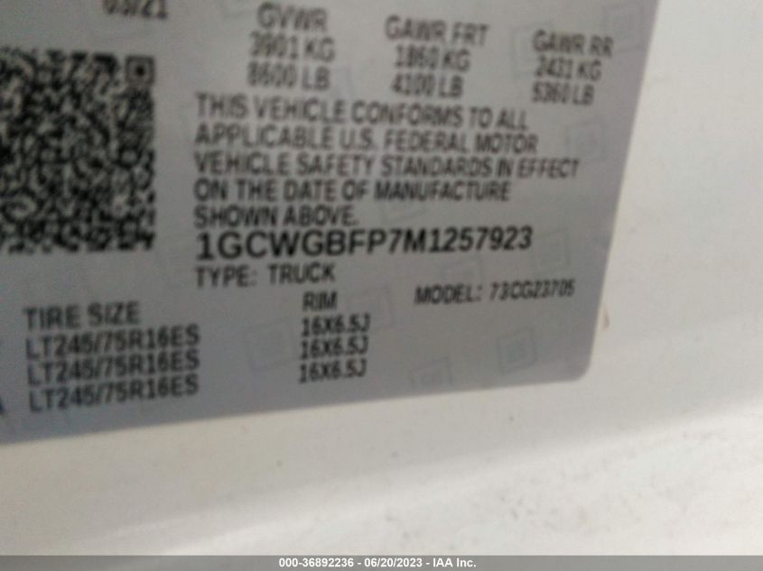 2021 CHEVROLET EXPRESS CARGO RWD 2500 EXTENDED WHEELBASE WT - 1GCWGBFP7M1257923