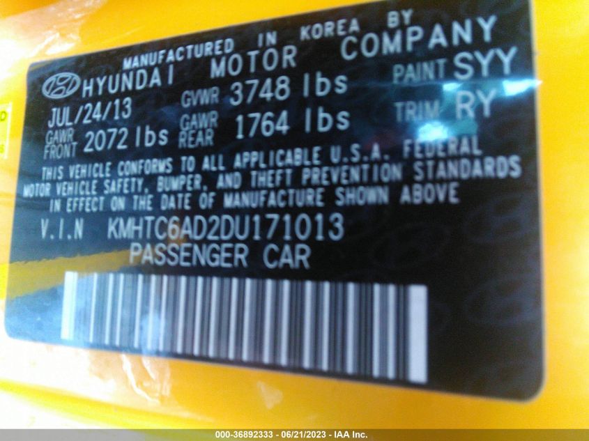 2013 HYUNDAI VELOSTER W/BLACK INT - KMHTC6AD2DU171013