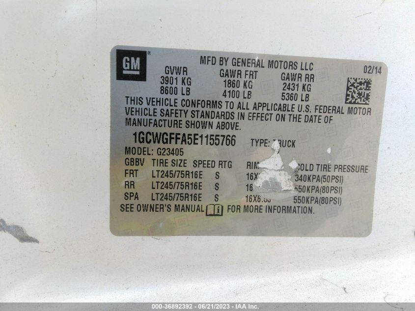 2014 CHEVROLET EXPRESS CARGO VAN - 1GCWGFFA5E1155766