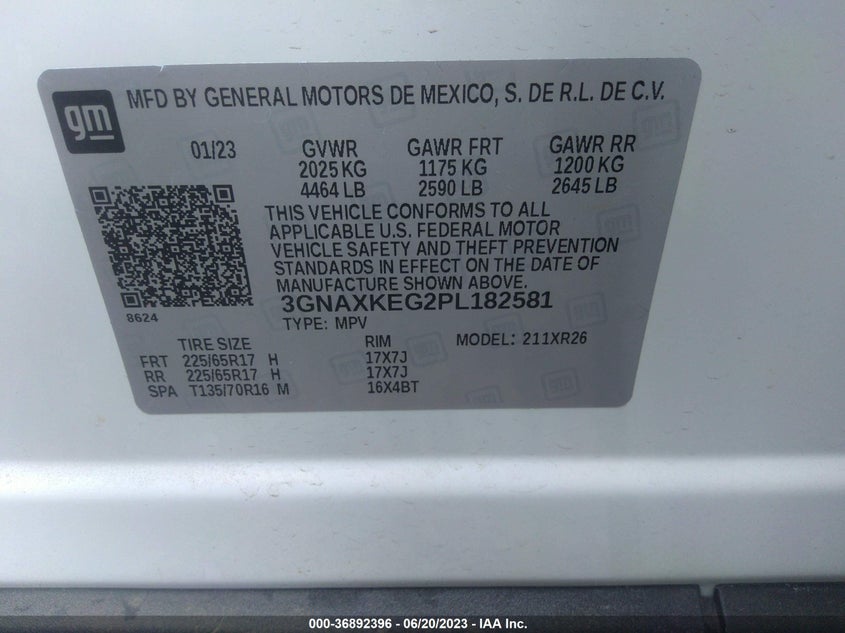 VIN 3GNAXKEG2PL182581 2023 CHEVROLET EQUINOX LT