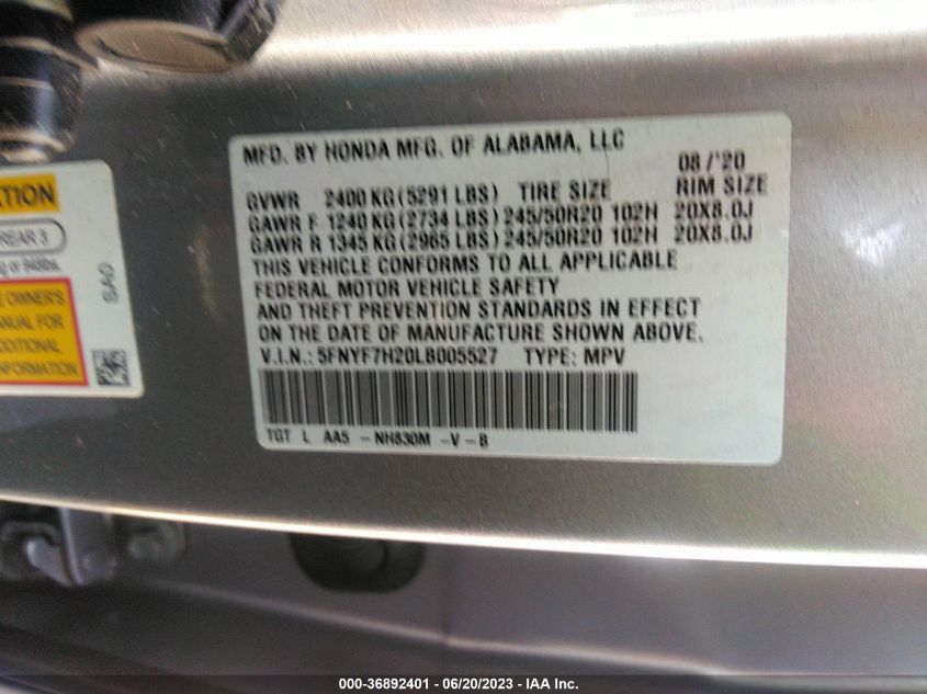 2020 HONDA PASSPORT SPORT - 5FNYF7H20LB005527