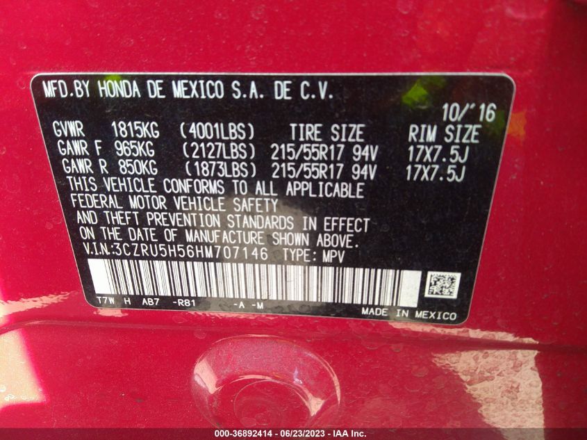 2017 HONDA HR-V EX - 3CZRU5H56HM707146